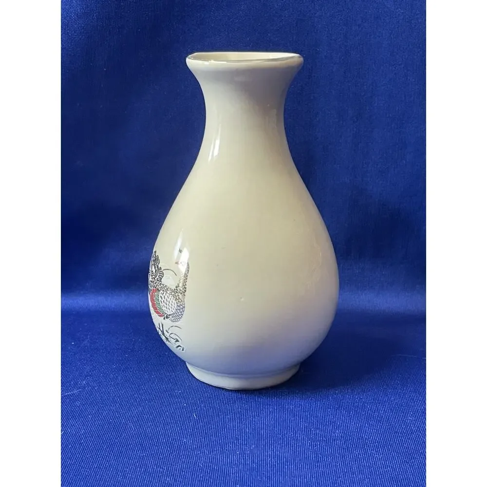 Cream Color Porcelain Bud Vase Accented Gold Peacocks